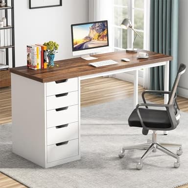 Tribesigns Computer Desk with 5 Drawers, 47 inches Rustic Brown Home Office Desk with Storage, Modern Simple Laptop Desk Study Writing Table for Small Spaces (Reversible Drawer Cabinet) - Image 3