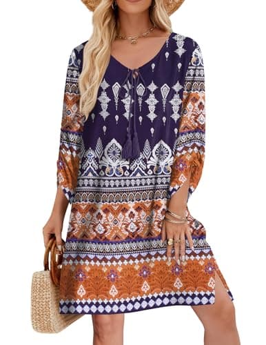 Zeagoo Women's Half Sleeve Floral Print Retro V Neck Tassel Bohemian Midi Shift Dress Holiday Beach Dresses Tunic Sun Dress Navy XL - Image 1