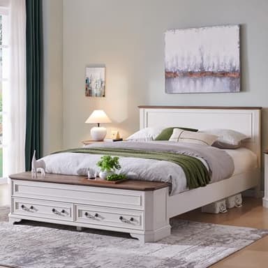 T4TREAM Farmhouse Queen Bed with Headboard and Storage Bench, Rustic Wood Platform Bed with 64" Storage Chest w/ 4 Large Drawer (Antique White) - Image 1