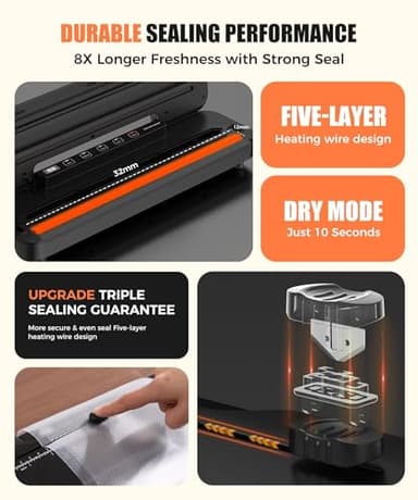 75kpa Vacuum Sealer Machine - 6-in-1 Compact Food Sealer with Digital Countdown Timer, External Sliding Blade for Freshness Storage, Black - Image 5