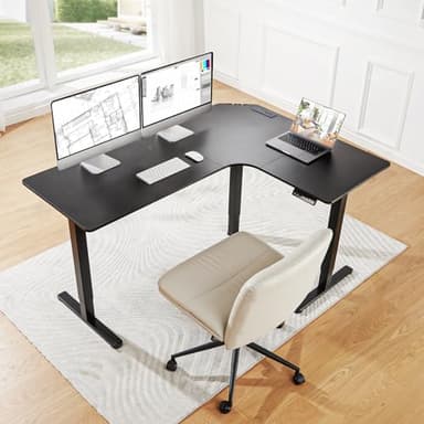 HUANUO 63″ Dual Motor L-Shaped Standing Desk, Built-in Power Outlets, Electric Height Adjustable Corner Computer Desk, Large Power Strip Holder, Sit Stand Up Desk with 3 Preset Heights, Black - Image 2