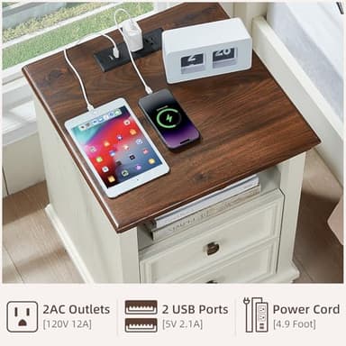 SAVOR LIFE Farmhouse Nightstand Set of 2 with Charging Station, Rustic White Nightstand,2 Drawers End Table for Living Room,Bedside Table with Open Shelf for Bed Room,White - Image 4