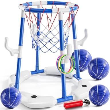 NIPLOOOW Pool Basketball Hoop, 2-in-1 Floating Pool Toys Ring Game with 4 Balls and Pump, Outdoor Swimming Pool Basketball Games Water Play Toy Family Party for Kids Adults Age 3-12 (Blue) - Image 1