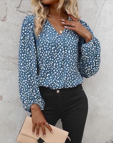 Womens Blouse with Stretch Long Sleeve Work Shirts Leopard Print Chiffon Tops V Neck Loose Business Shirts Large,Blue White - Image 2