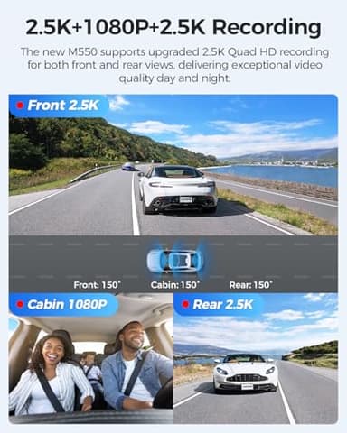 AZDOME M550 3 Channel Dash Cam, 4K+2.5K Dual Dash Camera for Cars Built-in WiFi GPS, 1440P+1080P+1440P Front and Rear Inside, 64GB Card Included, 3.19" IPS Screen, WDR, IR Night Vision, Parking Mode - Image 2