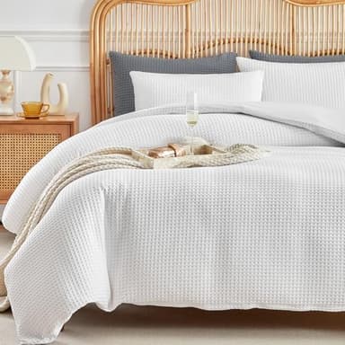 WARMDERN Waffle Weave Duvet Cover Queen Size, White Textured Duvet Cover Set, Soft and Breathable Comforter Cover, 3 Pieces Microfiber Bedding Set for All Season(White,Queen) - Image 1