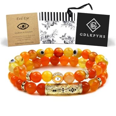 GDLKPYHS Evil Eye Bracelet - Evil Eye Charm Protection Bracelet - Beaded Bracelets, 8mm Natural Stone Agate Crystal Beads Handmade Gifts for Women Men (Yellow) - Image 1