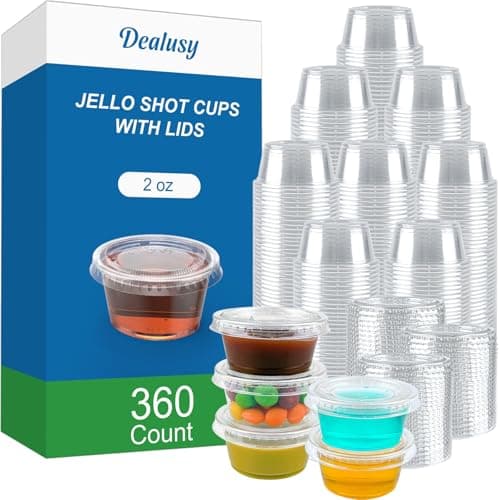 Dealusy 360 Set 2 oz Jello Shot Cups with Lids, Sturdy & Food Safe Disposable Plastic Portion Condiment Dipping Sauce Cups, Small Containers for Salad Dressing - Image 1