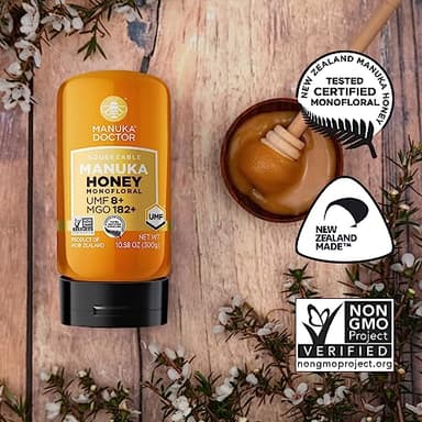MANUKA DOCTOR - Manuka Honey SQUEEZY MGO 182+ / UMF8 DUAL RATED Monofloral, 100% Pure New Zealand Honey. Certified. Guaranteed. RAW. Non-GMO (10.58 oz) - Image 7