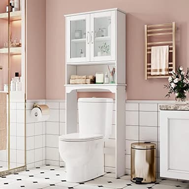 Yaheetech Over The Toilet Storage Cabinet with Double Tempered Glass Doors and Adjustable Shelf, Freestanding Bathroom Storage Rack, 66 Inches Height - Image 2