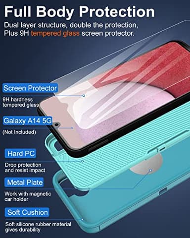 Dahkoiz for Samsung Galaxy A14 5G Case, with Tempered Glass Screen Protector and Dust-Proof Port Cover, Full Body Protection Rubber Cover Phone Case for Samsung Galaxy A14 5G, Mint/Teal - Image 3