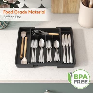 Lifewit Silverware Drawer Organizer, Expandable Utensil Tray for Kitchen, BPA Free Flatware and Cutlery Holder, Adjustable Plastic Storage for Spoons Forks Knives, 8.5"-14.1" x 12.1", Black - Image 7