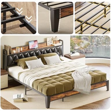 ANCTOR King Bed Frame, Storage Headboard with Outlets, Easy to Install, Sturdy and Stable, No Noise, No Box Springs Needed, Rustic Brown and Black - Image 3