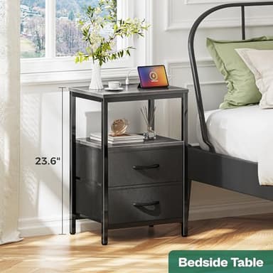 Huuger Nightstand with Charging Station, Side Table with Fabric Drawers, End Table with Open Shelf, Bedside Table with USB Ports and Outlets, Night Stand for Bedroom, Charcoal Gray - Image 2
