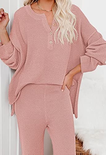 Pink Queen Women's 2 Piece Knit Sweatsuit Oversized Loose Knit Sweater Matching Loungewear Set Pink M - Image 5