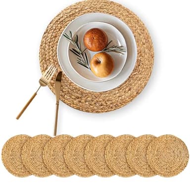 MRS WOODS EVENTS Round Woven Placemats Set of 8, 13.5 Inch Rattan Boho Place Mats Water Hyacinth Place Mats Farmhouse Wicker Placemat Heat Resistant Placemats for Dining Table Indoor Outdoor Placemats - Image 1