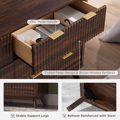 T4TREAM Fluted 6 Drawers Dresser, 54" Wide Modern Chest of Drawers, Curved Profile Design, Dresser TV Stand, Wood Drawer Organizer for Bedroom, Living Room, Hallway, Dark Walnut - Image 6