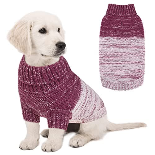 Queenmore Knitted Pullover Dog Sweater, Turtleneck Pet Cat Sweater, Cold Weather Puppy Clothes Stitching Knitwear with Leash Hole for Small Medium Dogs（Purple,L） - Image 1