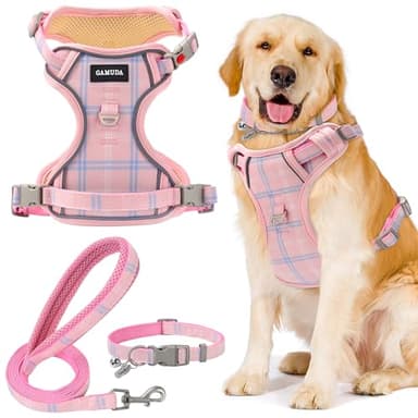 GAMUDA Dog Harness Collar and Leash Set, Dog Harness, No Chock No Pull Adjustable Vest Harnesses Plaid Reflective for Medium Dog, Cat, Small Horse, Small Bull and Pig (Pink, XL) - Image 1