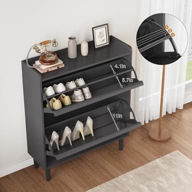 GarveeHome Shoe Cabinet with 2 Flip Drawers, Wooden Shoe Organizer Cabinet with Adjustable Shelf, Shoe Storage for Entryway, Hidden Shoe Cabinet for Hallway, Living Room, Black - Image 4