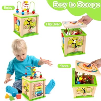 Wooden 7-in-1 Activity Cube| Montessori Toys for 1 2 3 Year Old Toddlers| Baby Educational Developmental Toys |One Year Old Boys Girls First Birthday Gifts |Bonus Sorting & Stacking Board - Image 6