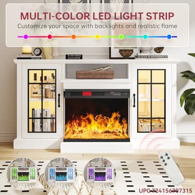 oneinmil 59'' Fireplace TV Stand, 3 Sided Glass Media Entertainment Center Console Table for TVs up to 65'' with Glass Door Adjustable Flame LED Color for Living Room, Set of TV Table, White - Image 3