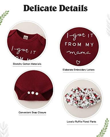 Mioglrie Newborn Baby Girl Clothes Romper Shorts Set Summer Clothes Floral Infant Girl Clothes Ruffle Clothing Wine Red Baby Girl Clothes 3-6 Months - Image 4