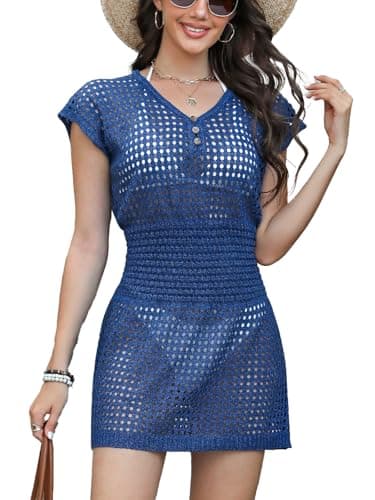 CUPSHE Women Crochet Swim Cover Up Short Sleeve V Neck Bathing Suit Beach Dress Summer Swimwear Coverups, L - Image 1