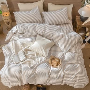MooMee Striped Duvet Cover Set 100% Washed Cotton Linen Like Textured Breathable Durable Soft Comfy (Tannish Linen Grey White Classic Stripes, Super Queen 90"x98") - Image 5