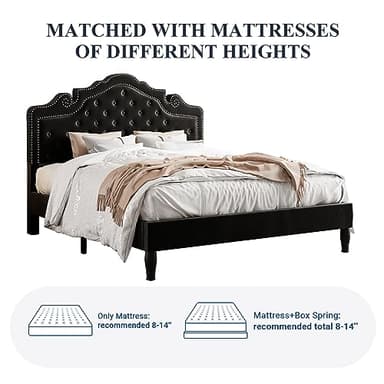 Allewie Queen Velvet Bed Frame with Adjustable Headboard, Wooden Slats, No Box Spring Needed, Easy Assembly, Black - Image 9