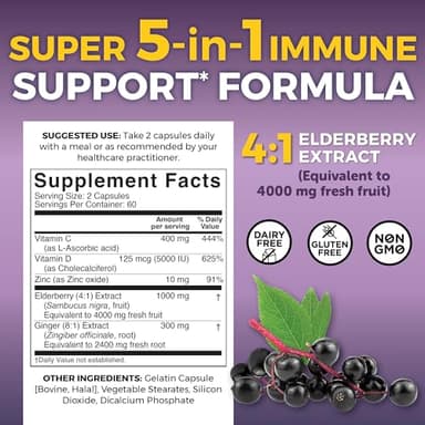 Viva Naturals Elderberry with Vitamin C and Zinc for Adults - 5 in 1 Sambucus Black Elderberry Capsules with Vitamin D3 5000 IU Immunity Supplement, Sambucus Elderberry Immune Support Supplement - Image 3