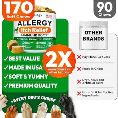 Dog Allergy Relief Chews - 170 Dog Allergy Chews - Itch Relief for Dogs - Omega 3 Fish Oil, Probiotics for Itchy Skin & Hot Spots Allergies, Paw Licking - Dry Skin & Coat Supplement - Immune Health - Image 5