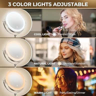 CONLWIN 8" Wall Mounted Lighted Makeup Mirror, 3000mAh Rechargeable Double Sided 1X/10X Magnifying Mirror with Hook, 3 Color Lights Touch Dimmable 360° Rotation Vanity Mirror for Bathroom - Image 7