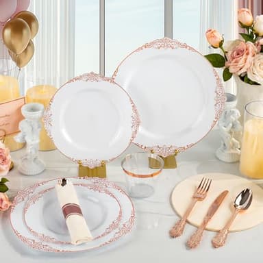 Bestluck 350PCS Rose Gold Plastic Plates for 50 Guests, Disposable Dinnerware Sets Include 100 Rose Gold Rim Plastic Plates, 50 Silverware and Cups, 50 Pre Rolled Napkins for Party, and Graduation - Image 4
