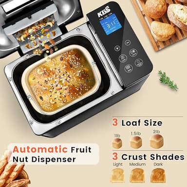 KBS 17-in-1 Bread Maker-Dual Heaters, 710W Machine Stainless Steel with Gluten-Free, Dough Maker,Jam,Yogurt PROG, Auto Nut Dispenser,Ceramic Pan& Touch Panel, 3 Loaf Sizes 3 Crust Colors,Recipes - Image 5