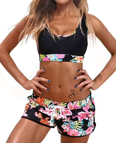 Womens Sport Two Piece Swimsuits Racerback Crop Top Boyshort Bottom（S，Black Print） - Image 1