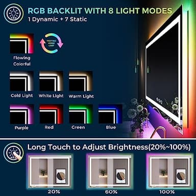 YEELAIT 50x32 Inch RGB LED Bathroom Mirror Front Light and RGB Backlit Lighted Vanity Mirror for Bathroom Wall Mounted Dimmable Anti Fog Memory Shatter-Proof IP54 Waterproof Horizontal/Vertical - Image 3