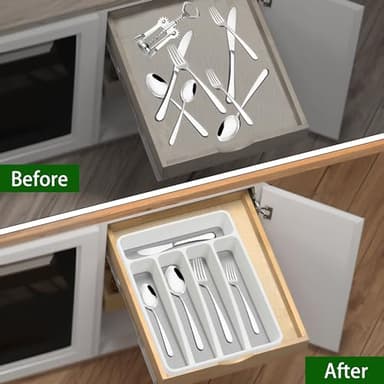 Loyareal Silverware Organizer Utenisl Organizer Holder Kitchen Drawer Organizer Plastic Silverware Tray for Drawer Flatware Organizer 5 Compartment White - Image 3
