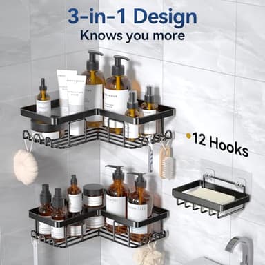 YASONIC Corner Adhesive Shower Caddy, with Soap Holder and 12 Hooks, Rustproof Stainless Steel Bathroom Organizer, No Drilling Wall Mounted Rack, Black, 3-Pack - Image 6
