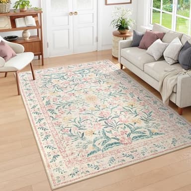 Wonnitar Washable Area Rug 6x9, Pink Floral Rugs for Bedroom Girls Soft Living Room Carpet Ultra-Thin, Boho Non Slip Non-Shedding Pastel Nursery Carpet for Kids Room Playroom Dorm - Image 1