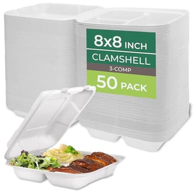 Freshware Clamshell Food Containers with Lids [8x8] 3-Compartment 50-Pack, Disposable To Go Containers, Biodegradable Sugarcane To Go Boxes - Paper Containers - Microwave & Freezer Safe, Stackable - Image 1