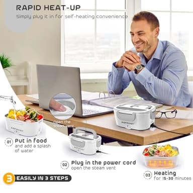 AsFrost Hot Lunch Box for Adults, 80W Fast Electric Lunch Box, 3 IN 1 Leakproof Lunch Electric Box Food Heater for 12/24/110V Car, Truck, Office Use, Food-Grade SS Container Heated LunchBox - Grey - Image 5