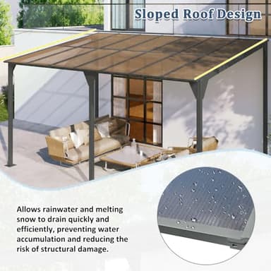 Wall-Mounted Outdoor Gazebo 14.76×9.22 FT, Heavy Duty Pergola with PC Roof Panels, Powder-Coated Iron Frame, Sloped Design for Rain/Snow Drainage, UV60+ Protection - Image 4