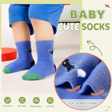 AMENLAN Toddler Non Slip Grips Socks Kids Anti Skid Baby Boys Girls Cotton Crew Socks 12 Pairs (Dinosaur B, 1-3 Years) - Image 2