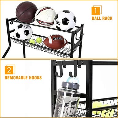 Snail Garage Storage System Sports Equipment Organizer with Baskets and Hooks, Sports Gear and Ball Storage Rack with Wheels for Garages, Playgroup, Gym and Schools, Powder Coated Steel, Black - Image 2