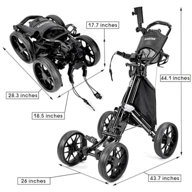 FLAGTAG Golf Push Cart 4 Wheels,Folding Golf Cart, Golf Pull cart with Cup Holder,Umbrella Holder,Cooler Bag, Foldable with one-Click,Handle Height Adjustable,Drink Holder,Walking Push cart - Image 2