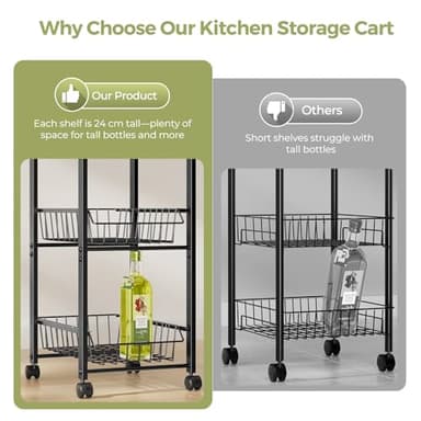 Delamu Kitchen Organizer and Storage Cart, 4-Tier Rolling Utility Cart with Wheels, Slide-Out Baskets and Table Top, for Fruit Potato Onion Vegetable Snack,Black - Image 5