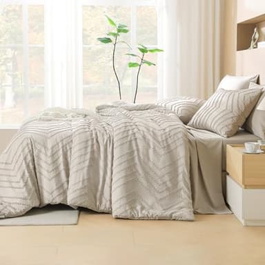 Litanika King Size Comforter Set with Sheets Beige - 7 Pieces Bed in a Bag King Chevron Tufted Boho Luxury Bedding Sets with Comforter, Sheets, Pillowcases & Shams - Image 4