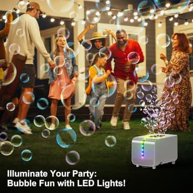 Bubble Machine - Durable Automatic Bubble Blower with LED Lights, Waterproof Motor Over 20,000 Bubbles/Minute, Perfect for Kids' Parties Indoor & Outdoor Fun - Plugin or Battery Powered - Sleek Silver - Image 3