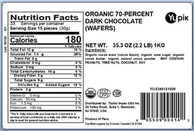 Yupik Organic Dark Chocolate Wafers, 70% Cacao, 2.2 lb (35.2 oz), Vegan, Gluten-Free, GMO-Free, Kosher, Dairy-Free, Rich Dark Chocolate, Melts Smoothly, Ideal for Snacking, Baking, Coating & Topping - Image 2